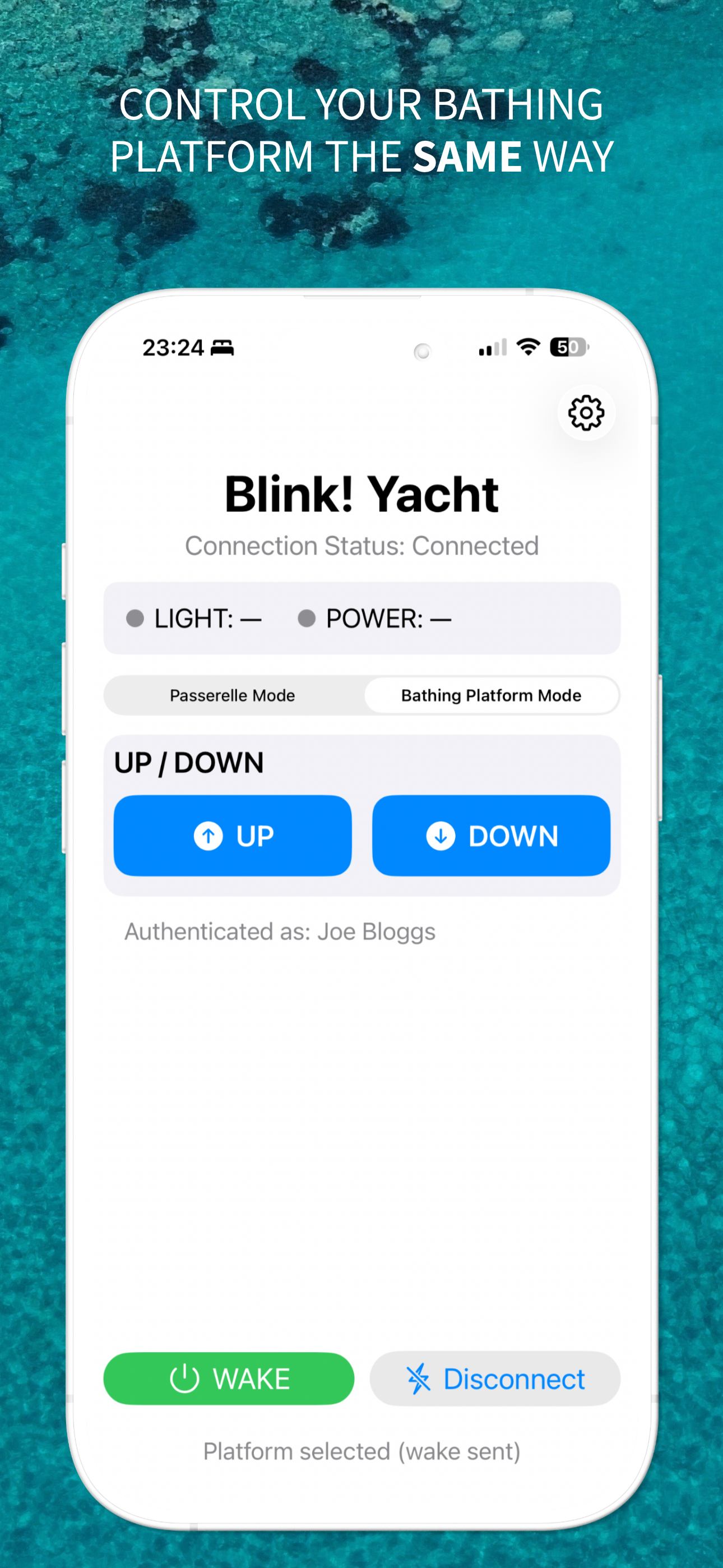 Passerello™ app — bathing platform control screen